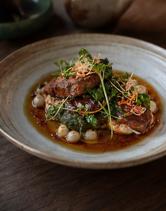 Coal-seared plate with charred greens